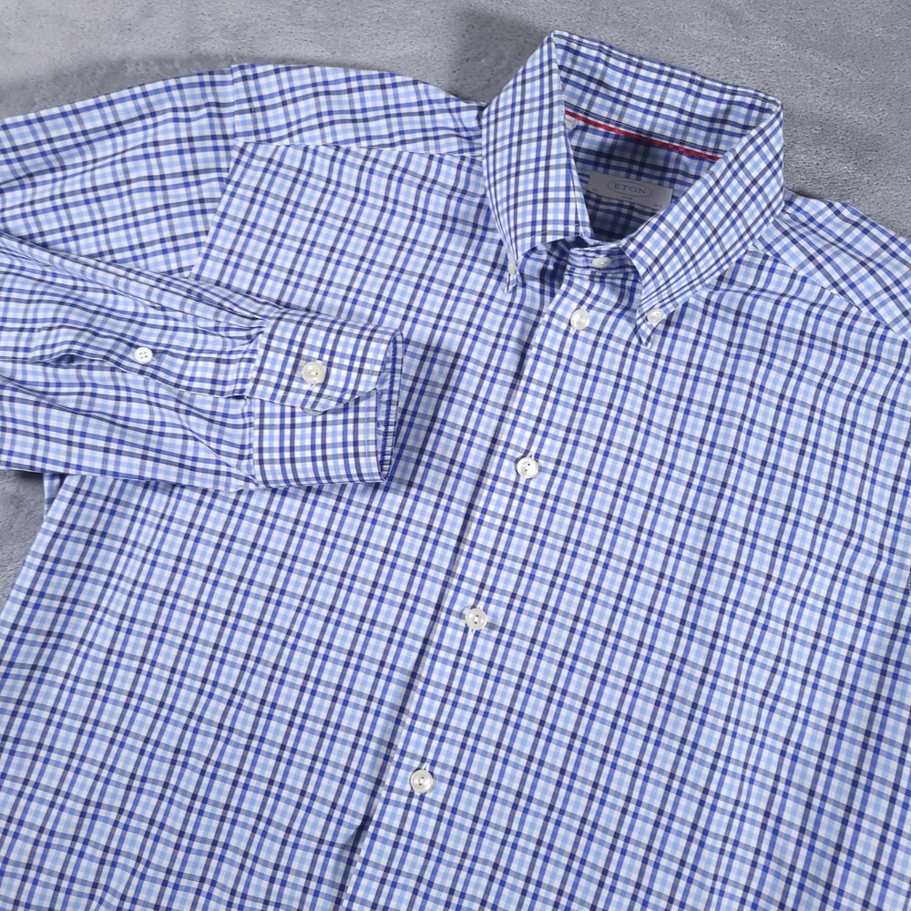 Eton Button Down‎ Mens 16.5 Blue White Check Slim Fit Long Sleeve Dress Shirt